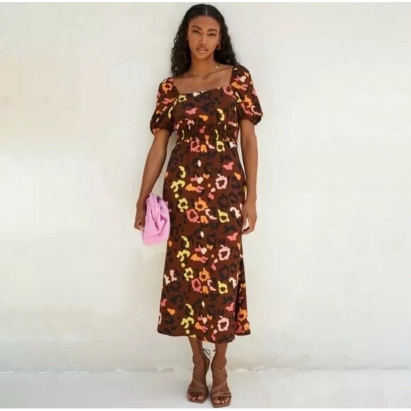 Never Fully Dressed Brown Animal Print Clara Midi Dress Womens 4 Revolve - Picture 1 of 10